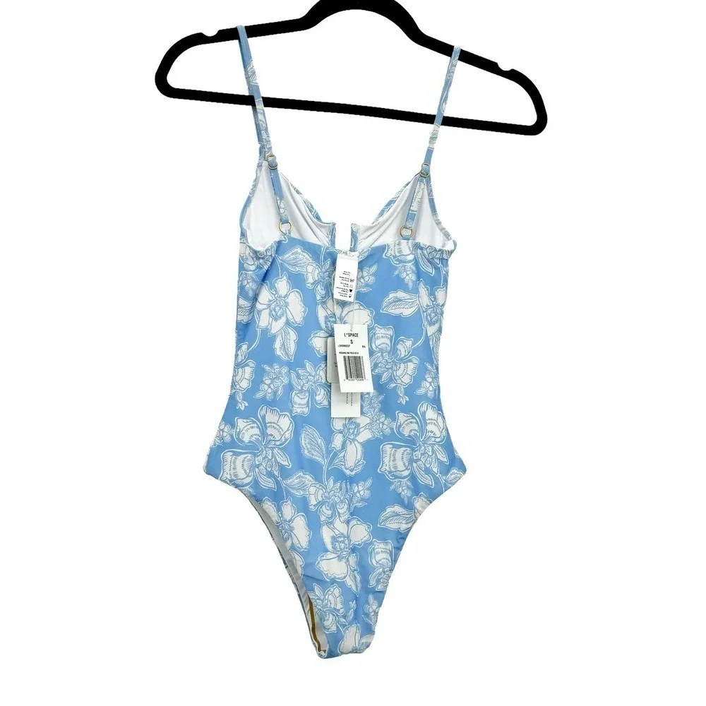 L*Space Roxanne Floral V Wire One Piece Swimsuit Blue White Size S NWT